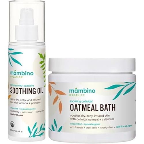 Mambino Organics Calming Skin Set, Oatmeal Bath Soak Powder & Soothing Body Oil, Fragrance-Free with Jojoba & Evening Primrose, Gentle for Babies & Adults, Ultra-Sensitive Skin, Vegan, 11 oz
