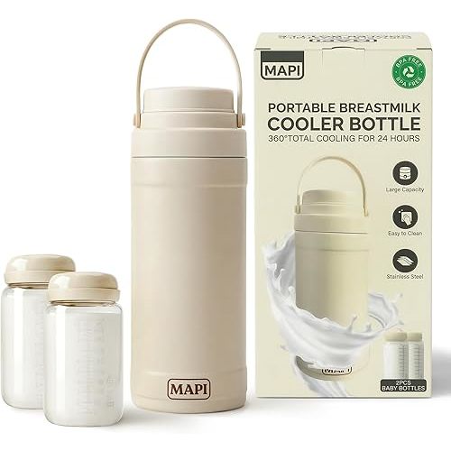 MAPI Portable Breast Milk Cooler Bottle 22oz, 360° Cooling Breastmilk Chiller 24H Fresh, Stainless Steel with 2 BPA-Free Leakproof Bottles, TSA Approved Breastfeeding Essentials