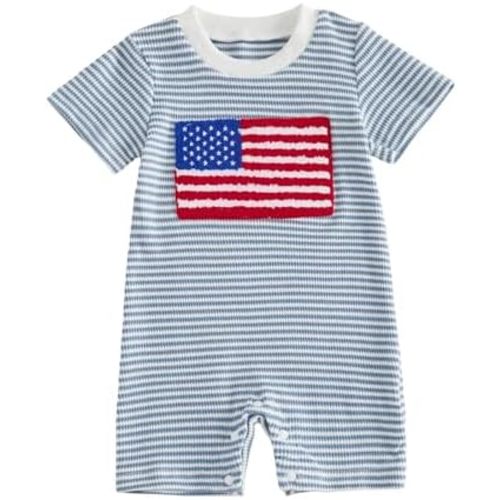 Newborn Baby Boy 4th of July Clothes Flag Embroidery Jumpsuit Waffle Short Sleeve Romper Onesie 3 6 12 18 Months