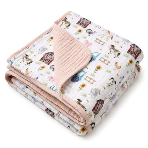Breling White Brown Farm Animal Muslin Baby Blanket for Girl Boy 40x36 Inch | 100% Cotton Breathable Swaddle Blanket, Machine Washable, Soft Lightweight, for Infant Toddler Nursery Crib