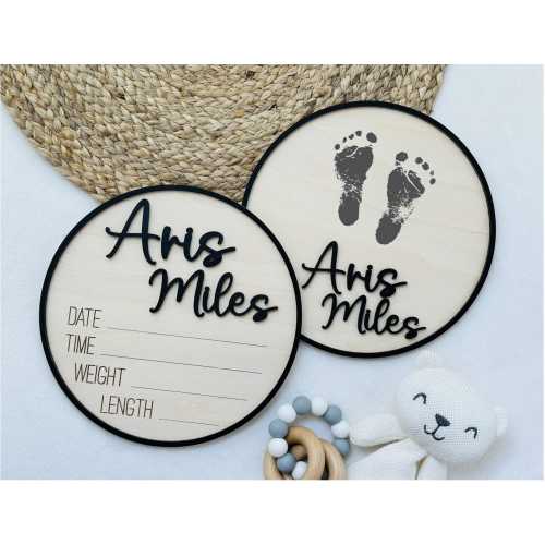 Baby Announcement Sign, Newborn Name Sign, Welcome Baby Sign, Baby Name & Birth Stats Plaque, Hospital Footprint Keepsake, Personalized Wood