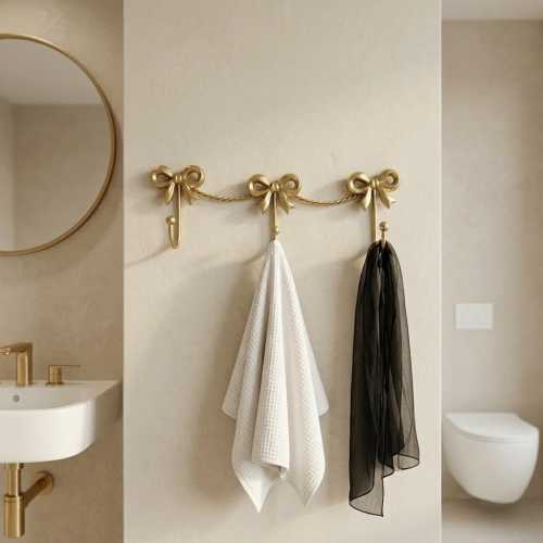 Brass Bow Towel Hook Rack Vintage Gold Bathroom Decorative Wall Mounted Holder