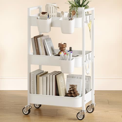 Nunsino 3 Tier Rolling Cart,Utility Cart with Locking Wheels, Hanging Cups,&Hooks, Heavy Duty Metal Storage Organizer Cart for Kitchen,Office, Bathroom,Craft Room,White