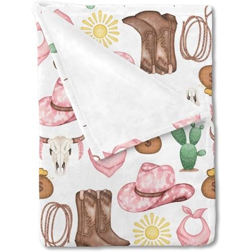 Baby Western Cowgirl Pink Blankets for Girl Desert Cowboy Hat Boot Sun Cactus Swaddle Blankets Soft Receiving Blanket Newborn Nursery Stroller Crib Bedding Blanket Infant Unisex 30x40