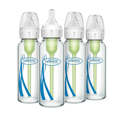 Dr. Brown's Anti-Colic Options+ Narrow Glass Baby Bottle with Level 1 Slow Flow Nipple, BPA-Free, 8 oz/250 mL, 4-Pack