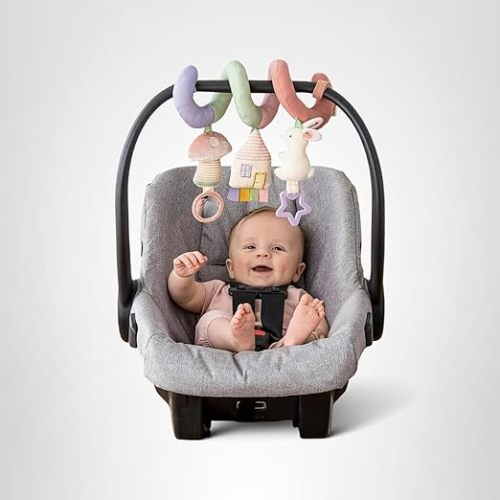 Itzy Ritzy Spiral Car Seat & Stroller Activity Toy - Stroller & Car Seat Toys for Ages 0 Months and Up - Hanging Toys Include Dangling Ring, Mirror and Textured Ribbons (Pastel Rainbow)