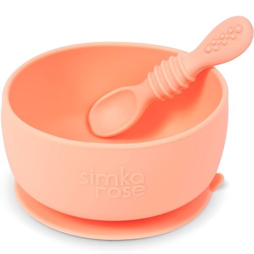 Simka Rose Baby Bowl and Spoon Set, Suction Bowls for Toddler, BPA-Free Silicone, Dishwasher and Microwave Safe (Peach)
