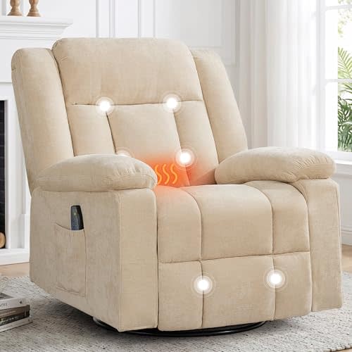 Korser Rocker Recliner Chair for Adults, 360° Swivel Rocker Recliner with Massage and Heating, Nursery Rocking Chairs with Side Pockets, Manual Reclining Chair for Living Room, Bedroom or Nursery