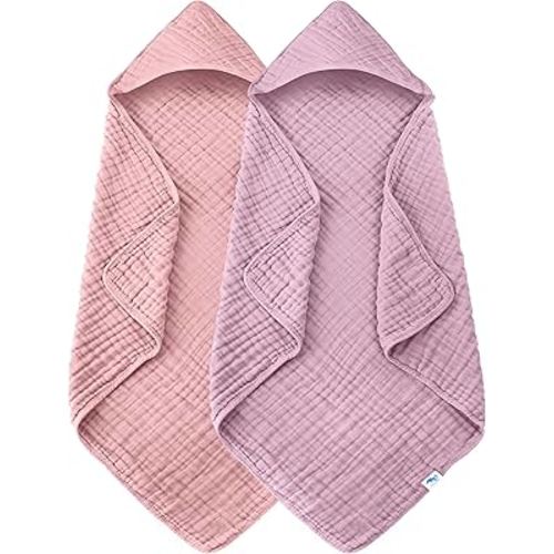 SWEET DOLPHIN Muslin Hooded Baby Bath Towels - 2 Pack 100% Cotton Towel for Babies, Infants, Toddlers - 32x32Inch - Highly Absorbent and Newborn Essential, Light Sakura