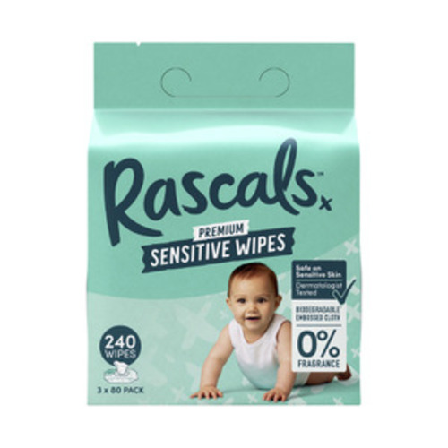 Rascals Premium Sensitive Wipes Plastic Free Cloth 3X80 Multi-Pack | 240 Pack