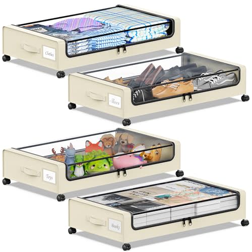 YAASHEEN Under Bed Storage with Wheels, Under the Bed Storage Containers with Clear Lids & Label, Underbed Storage Bins, XXL 60L Rolling Metal Drawer for Clothes, Shoes, Toys, Books (4-Pack Beige)