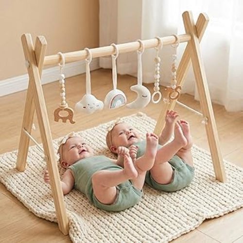 Wooden Play Gym with Beige Mat, Foldable Baby Play Gym, Infant Activity Mat with 6 Hanging Toys, Natural Pine Wood Frame Activity Center, Easy to Assemble & Clean, Newborn Present for Boys & Girls