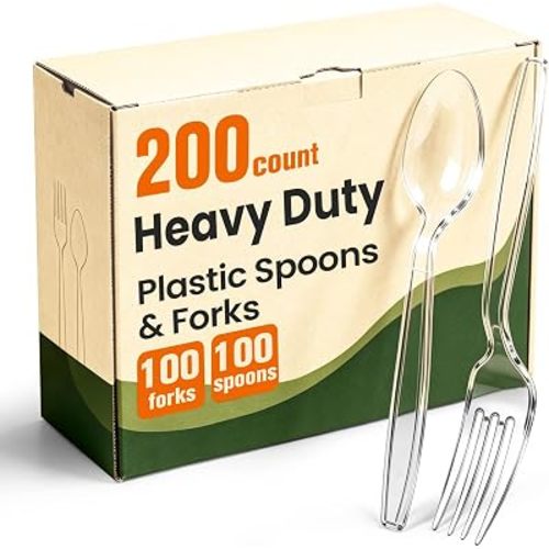 200 Count Plastic Silverware Heavy Duty, 100 Spoons & 100 Forks, BPA-Free
