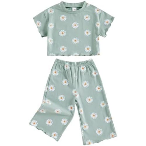 SAYOO Toddler Baby Girls Daisy Clothes Flower Print Batwing Crop Top T-shirt+Wide-Leg Long Pants 2pcs Casual Princess Oufit