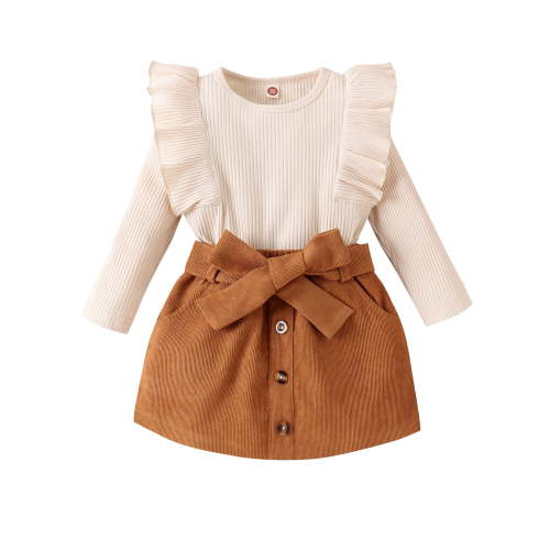 Loicainy Baby Toddler Girls Autumn 2 Piece Outfits 9 12 18 24 Months 2T 3T 4T Long Sleeve Ruffle Ribbed Tops Solid Color Button Skirt Clothes Set