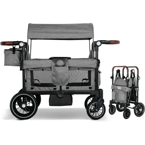 Wagon Stroller for 2 Kids, Foldable Kids Wagon Cart Featuring with Harnesses, Adjustable Double Push Handle, Removable Canopy, Snack Tray, Large Storage Bag, Gray
