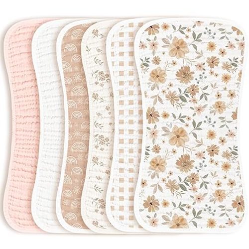 Konssy Muslin Baby Burp Cloths Sets for Unisex- 6 Pack Large 100% Cotton Burping Clothes for Newborn, Baby Girls and Boys