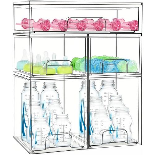 Baby Bottle Organizer 5 Pack Baby Bottle Storage Organizer Clear Bottles Station Acrylic Stackable Container Drawers Bins for Pacifiers,Nipples,Pump Parts for Countertop,Cabinet,Bathroom,Vanity