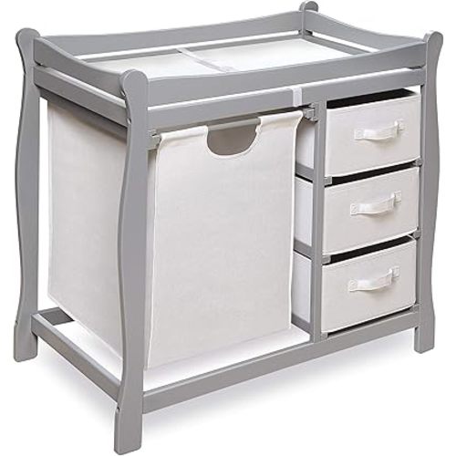 Badger Basket Sleigh-Style Baby Changing Table - Diaper Changing Station with 3 Storage Baskets - Nursery Organizer with Hamper, Changing Pad, Safety Rails - Gray
