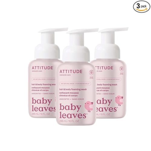 ATTITUDE 2-in-1 Hair and Body Foaming Baby Wash, EWG Verified Shampoo Soap, Dermatologically Tested, Made with Naturally Derived Ingredients, Vegan, Unscented, 10 Fl Oz (Pack of 3)