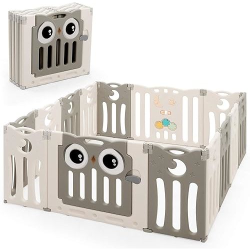 Costzon Foldable Baby Playpen, 14-Panel Baby Fence with Lock Door, Rubber Pads & Anti-Slip Rubber Bases, Indoor Outdoor Safety Baby Fence with Adjustable Shape for Toddlers (14-Panel, Beige)