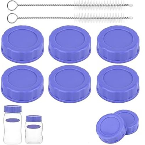 6pcs Baby Bottle Caps for Pigeon & Lansinoh Bottles, Leak Proof Travel and Storage Replacement Tops Lids Covers with Cleaning Brushes Accessories (Purple)