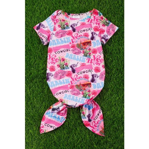 Western Rodeo Baby Girls Knotted Gown Turquoise Pink Cactus Highland Cow Cowgirl