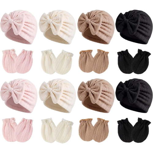 8 Sets Hats & Mittens Preemie Bow Beanies Caps Gloves Born Boy Girl 0-3 Month