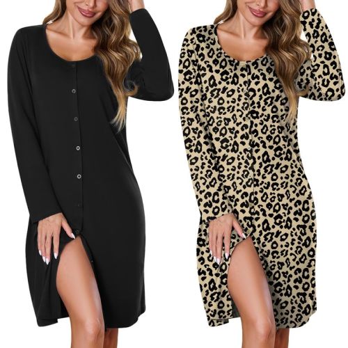 Marvmys Women's Nightgown 2 Pack Long Sleeve Button Down Sleep Shirt Nightshirt V-Neck Sleepwear Pajama Dress S-3XL