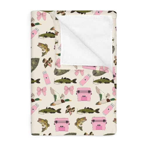 Pink Fishing Hunting Girly Baby Blankets for Girl Boats Bass Fish Duck Bows Soft Flannel Swaddle Blankets for Infant Toddler Crib Summer Lake Country Fishing Nursery Bed Blanket Playmat 40x50inch