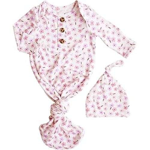 Caden Lane Newborn Knotted Gown with Hat, Soft Bamboo Viscose Baby Sleep Sack, Unisex Infant Nightgown, Breathable Sleepwear