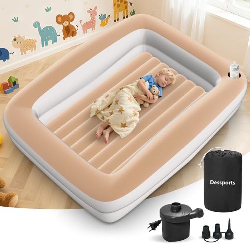 Inflatable Toddler Travel Bed - 67 Inches Portable Blow Up Bed with Safety Sides - Kids Air Mattress with Electric Pump & Carry Bag - Lightweight Camping Essential Bed for Sleeping Outddor - Khaki