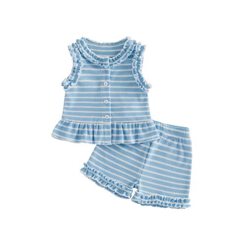 AceBaby Toddler Baby Girl Summer Outfits Sleeveless Stripes Print Ruffle Tops and Shorts Set,Size 6M-4T