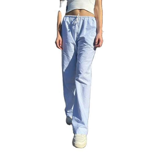 HOXIJIA Women Casual Striped Print Long Pants Elastic High Waist Loose Fit Straight Wide Leg Trousers Y2K Streetwear