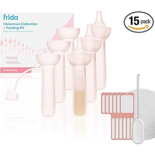 Frida Mom Colostrum Collection Kit, Catch, Store & Feed Breastmilk, Includes 6 Colostrum Collectors, 6 Labels, Cleaning Brush, Cloth & Case, Hospital Bag Ready, Safe Materials, 15pc kit