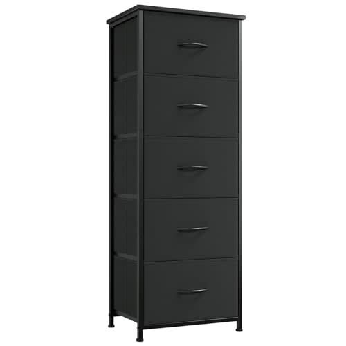 Somdot Tall Dresser for Bedroom with 5 Drawers, Storage Organizer Chest of Drawers with Removable Fabric Bins for Closet Bedside Living Room Laundry Entryway Hallway, Black