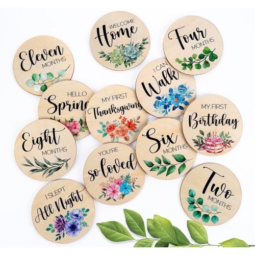 Beautiful Baby Monthly Milestone Cards - 12 Double Sided Milestone Wooden Circles Discs with Hello World Birth Sign for Girl Boy, Newborn Monthly Photography Props Keepsake for Baby´s First Year