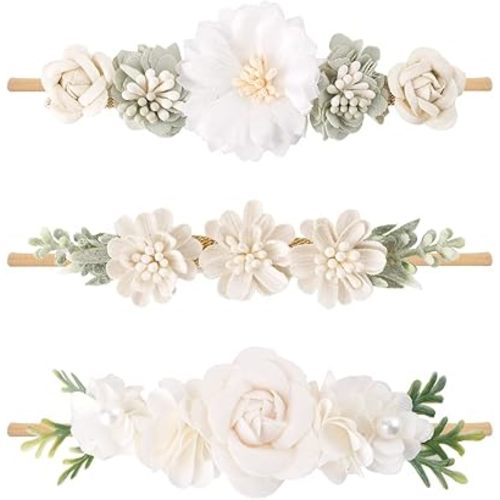 cherrboll 3pcs Baby Girl Flower Headbands, Super Soft & Stretchy Nylon Floral Hairbands for Newborn Toddler