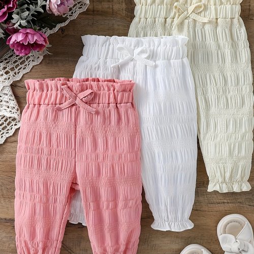 Girls' Summer Thin Solid Color Baby Air Conditioning Suit, Mosquito-Proof Bow Casual Long Pants Three-Piece Set, Perfect for Outdoor