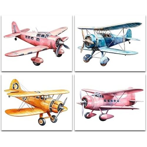 Airplanes Wall Art Prints,Vintage Colorful Cartoon Aircraft Posters,Watercolor Airplane Nursery Wall Art,Kid's Airplanes Nursery Prints,for Boy Bedroom Decor Set of 4(8"x10"Unframed)