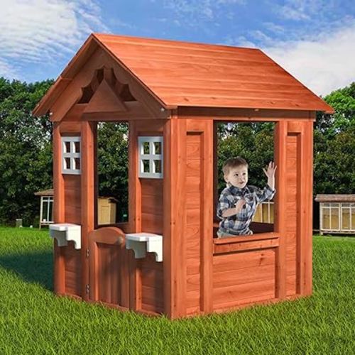 Kids Outdoor Playhouse with Door & 2 Windows - Wooden Backyard Play House for Ages 3-8 - 42”L x 46”W x 55”H - Easy Assembly & Flower Planter