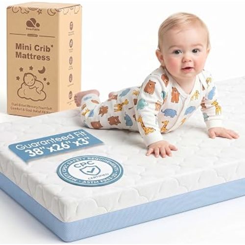 Dual Sided Pack and Play Mattress, 3 Inch Thick Soft & Firm Memory Foam Breathable Portable Pack n Play Mattresses, 4 in1 Baby Playpen Mattresses Removable Washable Cover - 38x26x3 Inch Blue