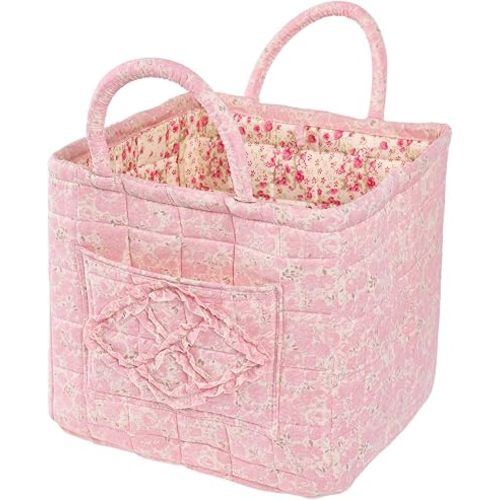Quilted Fabric Car Storage Basket with Handles & Pocket, Foldable Laundry Hamper Boho Floral Print Organizer Bin for Home, Picnic, Office Nursery Cloth Toy 12"x10"x10" (Style A)