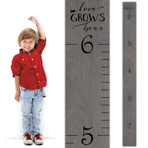 HEADWATERS STUDIO Wooden Growth Chart for Wall - Height Growth Chart for Kids, Kid Height Wall Chart, Height Measurement for Wall, Height Chart for Kids - Love Grows Here, Skinny Grey (63""x6.25"")