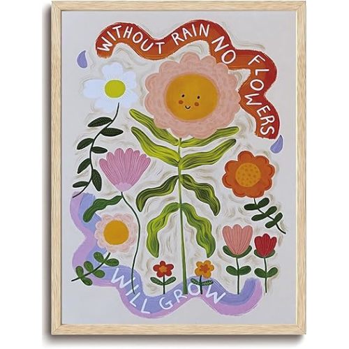 KISSFOX OAK Wood Framed Wall Art Sunflower Wall Decor Floral Canvas Art Botanical Pictures Cute Paintings Whimsical Artwork Colorful Prints For Nursery Kids Children Playroom Boys Girls