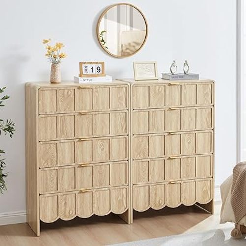 ORRD 5 Drawer Dresser for Bedroom Set of 2, Modern Closet Chest of Drawers with Wave Fluted Drawer, Wood Storage Small Dresser Organizer for Nursery Bedroom Living Room Hallway Closet (Natural)