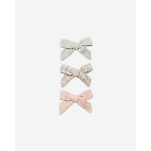 Bow W. Clip, Set Of 3 Cloud, Blue Gingham, Dusty Rose