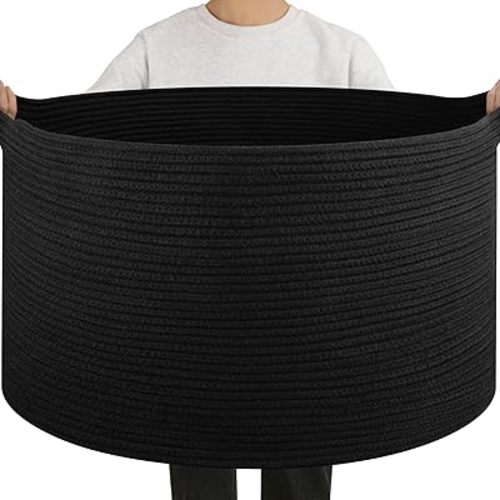 OIAHOMY 90L Large Blanket Basket with Handle, Blanket Storage for Living Room 23" x 23" x 13", Laundry Basket for Blankets, Pillows, Large Woven Rope Baskets for Kids, Dogs Toys - Black