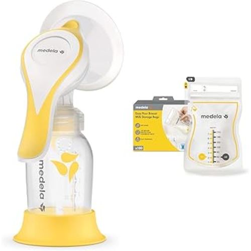 Medela Manual Harmony Breast Pump Single Hand Breast Pump + 100 Count Easy Pour Breastmilk 210ml Storage Bags for Breastfeeding