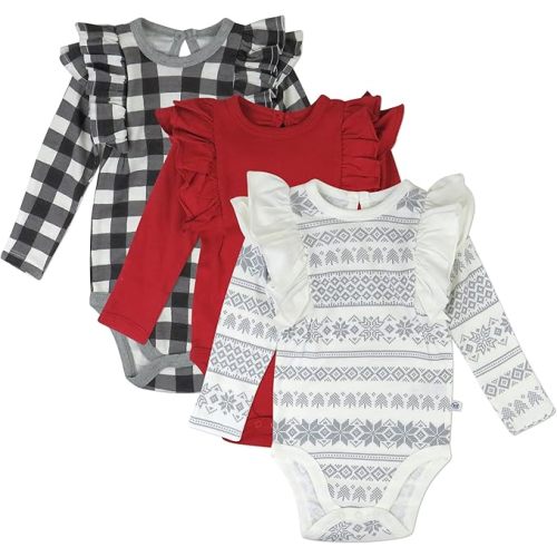 3 Pack Long Sleeve Side Snap Ruffle Shoulder Bodysuit 100% Organic Cotton for Infant Baby and Toddler Girls